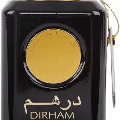 Frasco de perfume preto com tampa dourada e etiqueta dourada redonda