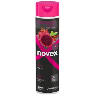 Frasco de champô Novex preto e rosa com imagem de fruta do dragão