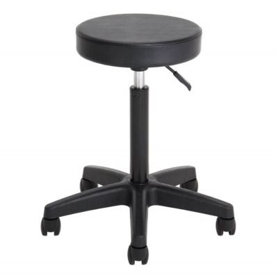 Cadeira giratória preta com assento redondo e base com rodas