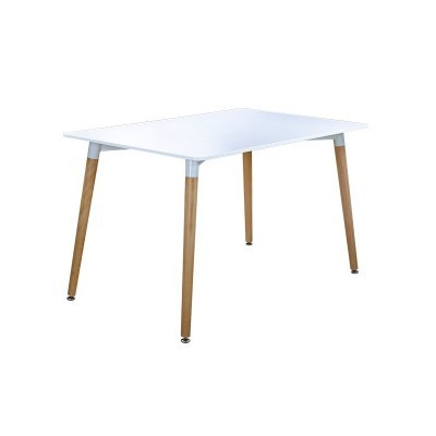 Mesa retangular branca com pernas de madeira clara