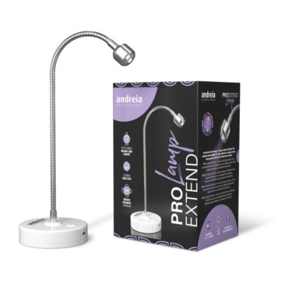 Candeeiro de secretária com base branca e braço flexível metálico