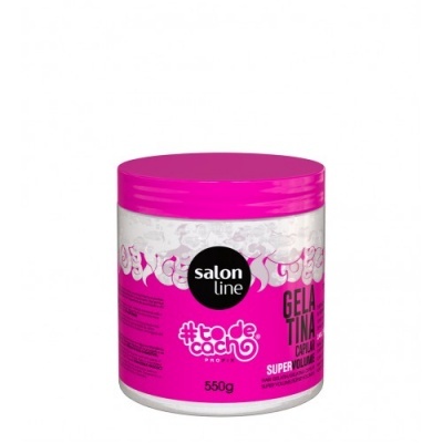 Frasco de gelatina para cabelo rosa com rótulo Salon Line #todecacho