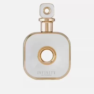 Frasco de perfume transparente com contornos dourados e texto INFINITY EAU DE PARFUM
