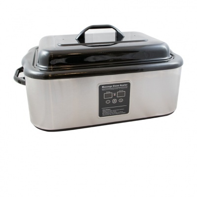 Aquecedor metálico prateado para pedras de massagem com tampa preta e pega