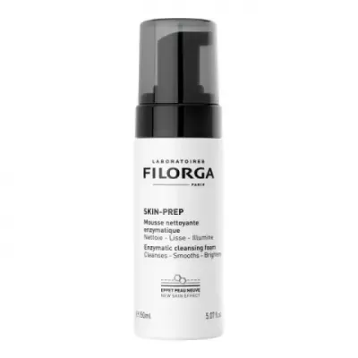 Frasco branco e preto de mousse de limpeza enzimática Filorga Skin-Prep