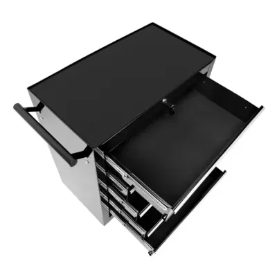 Carrinho de ferramentas metálico cinza com gavetas abertas e pega preta