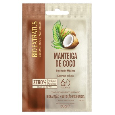 Embalagem de amostra de condicionador BIOEXTRATUS Manteiga de Coco com design marrom e bege e ilustração de coco