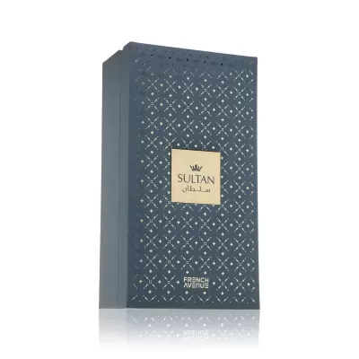 Caixa azul escuro com padrão dourado e texto Sultan e French Avenue