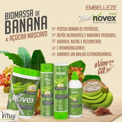 Produtos Novex Biomassa de Banana & Açúcar Mascavo com folhas de banana e bananas ao fundo.