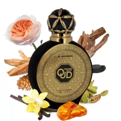 Frasco preto de perfume Al Haramain Black Oud com detalhes dourados e elementos naturais ao redor