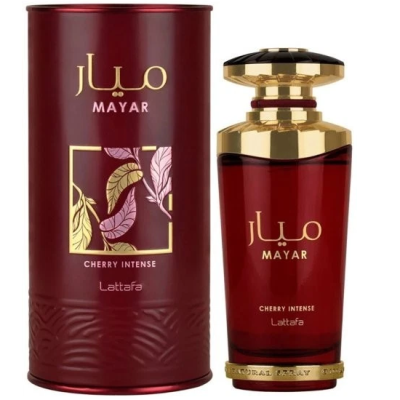 Frasco e embalagem cilíndrica de perfume Mayar Cherry Intense vermelho e dourado