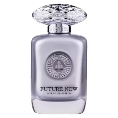 Frasco de perfume prateado com tampa texturizada e texto FUTURE NOW EXTRAT DE PARFUM