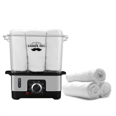 Aquecedor de toalhas BARBER PRO preto e prateado com toalhas brancas enroladas