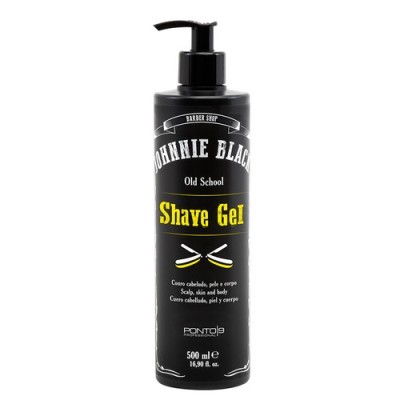 Frasco preto de gel de barbear JOHNNIE BLACK com doseador num fundo branco