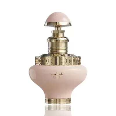 Frasco de perfume cor-de-rosa com detalhes dourados e texto JUMAN PRECIOUS