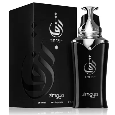 Perfume Taraf Zimaya frasco preto com tampa prateada e caixa preta