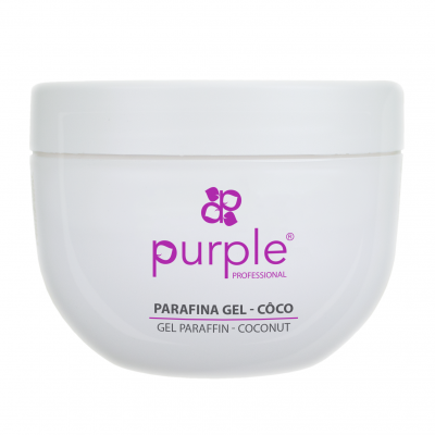 Pote branco de gel parafina com texto roxo e preto