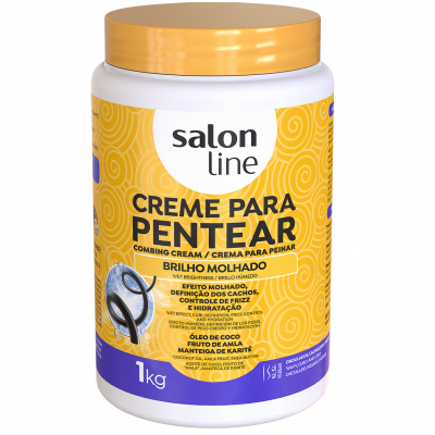 Creme para pentear Salon Line, embalagem branca com tampa amarela e rótulo amarelo e roxo