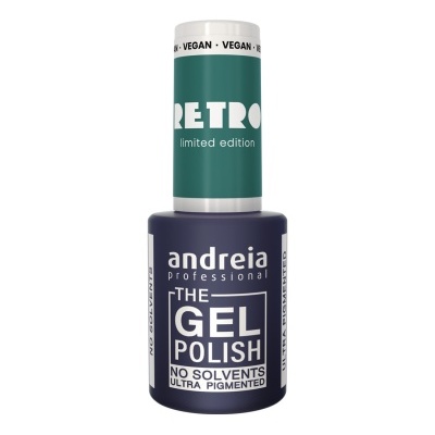 Frasco de verniz gel para unhas azul escuro com tampa verde e etiquetas em branco