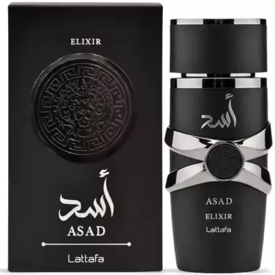 Perfume Elixir ASAD em frasco preto e embalagem preta com detalhes prateados.