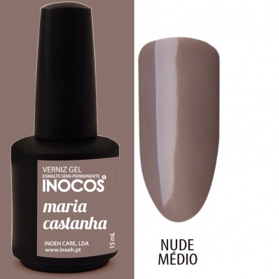 Verniz gel INOCOS maria castanha e amostra da cor nude médio