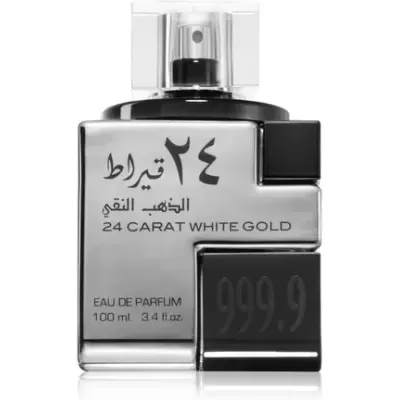 Frasco de perfume prateado 24 Carat White Gold com texto e botão preto.