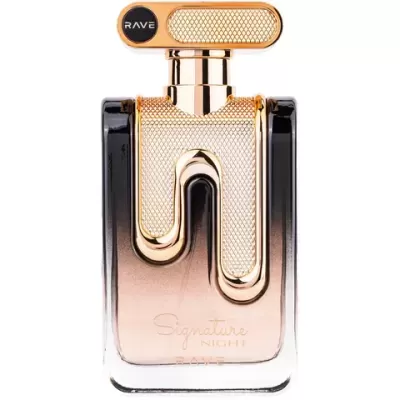 frasco de perfume dourado e preto com texto RAVE e Signature NIGHT RAVE