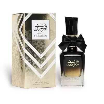 Frasco e caixa de perfume Bint Hooran com design preto, dourado e embalagem dourada