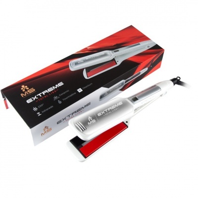 Prancha de cabelo MS Extreme Total branca com vermelho e embalagem preta e vermelha