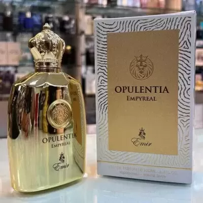 Perfume Opulentia Empyreal dourado com caixa em fundo de loja