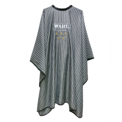 Capa para corte de cabelo cinzenta às riscas com texto WAHL AMERICAN MADE e estrelas douradas