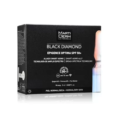 Caixa preta de produto Marti Derm Black Diamond Epigence Optima SPF 50+