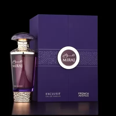 Frasco de perfume roxo Miraj Exclusif com caixa roxa