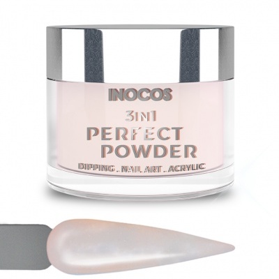 Pó acrílico para unhas INOCOS 3in1 Perfect Powder com tampa prateada e amostra de unha cor pérola