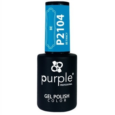 Frasco de verniz gel para unhas roxo e azul com texto branco