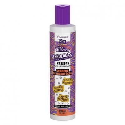 Frasco de champô hidratante para cabelo crespo com tampa roxa e texto em rótulo roxo e amarelo