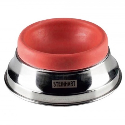 Comedouro de aço inox com interior vermelho de silicone e marca STEINHART