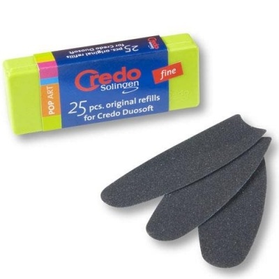 Caixa amarela e azul com 25 recargas originais Credo Duosoft e três recargas pretas ásperas