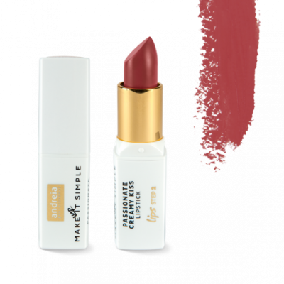 Batom cremoso rosa antigo em estojo branco com texto preto e tampa ao lado.