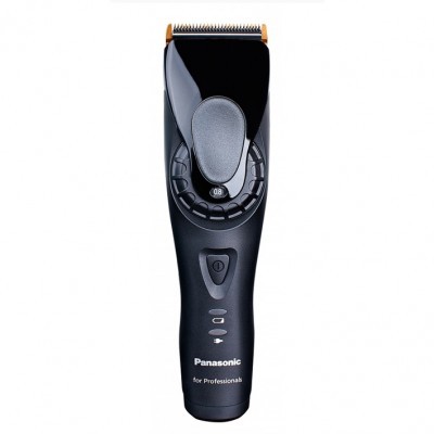 Máquina de cortar cabelo preta Panasonic com lâmina dourada e botão de ligar