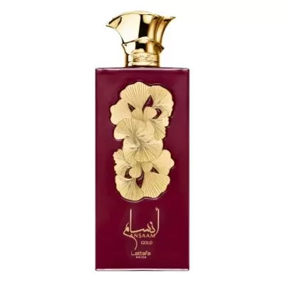 Frasco de perfume vermelho com tampa dourada e detalhes dourados florais