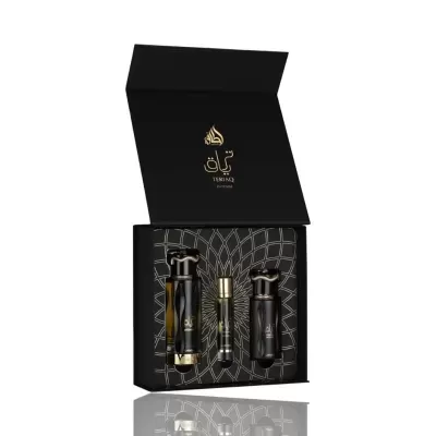 Conjunto de perfumes TERIAQ INTENSE em caixa preta com detalhes dourados