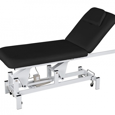 Cama de massagem preta com estrutura metálica branca