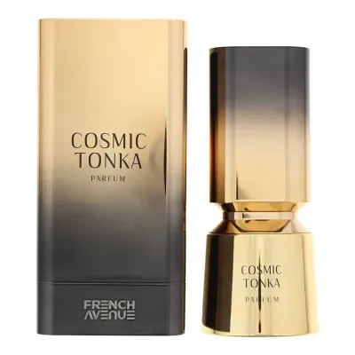 Frasco e embalagem dourados e pretos de perfume COSMIC TONKA PARFUM