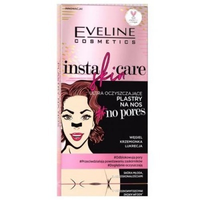Embalagem rosa e preta de produto Eveline Cosmetics insta skin care com desenho de mulher e penso preto no nariz