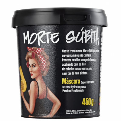 Embalagem preta de máscara capilar Morte Súbita com ilustração feminina e texto destacando 450g