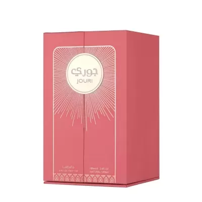 Embalagem rosa de perfume Jouri com texto em dourado e branco