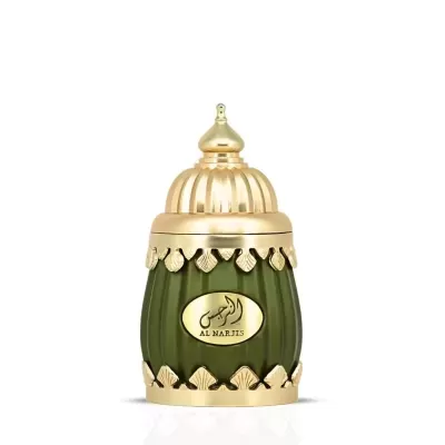 Frasco de perfume verde com detalhes dourados e texto AL NARJIS