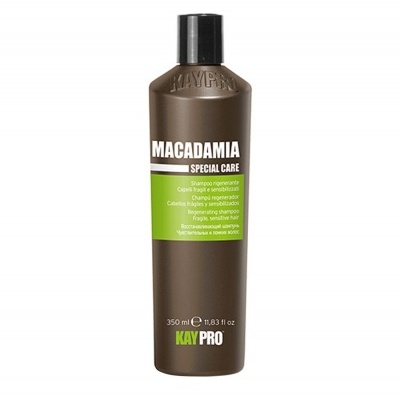 Frasco castanho de shampoo KayPro Macadamia Special Care com rótulo verde e tampa preta