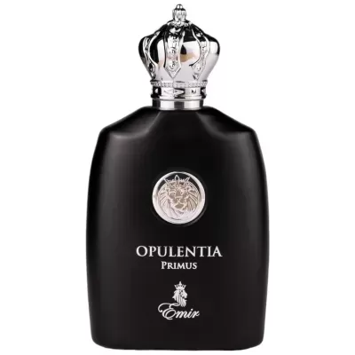 Frasco de perfume preto fosco com tampa em forma de coroa prateada.